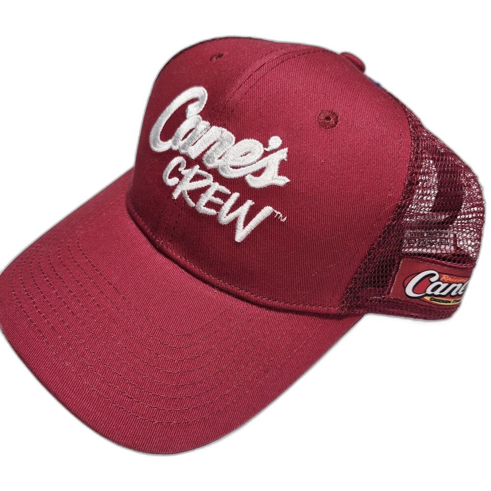 Raising Canes Crew Mesh Trucker Hat Snapback Burgundy Red Uniform One Love EUC